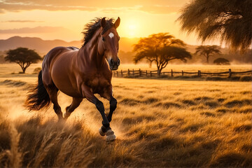 Criollo horse running freely in the sunset of the Pampa Gaucho, southern Brazil - obrazy, fototapety, plakaty