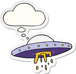 cartoon flying UFO and thought bubble as a printed sticker