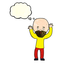 cartoon bearded man panicking with thought bubble