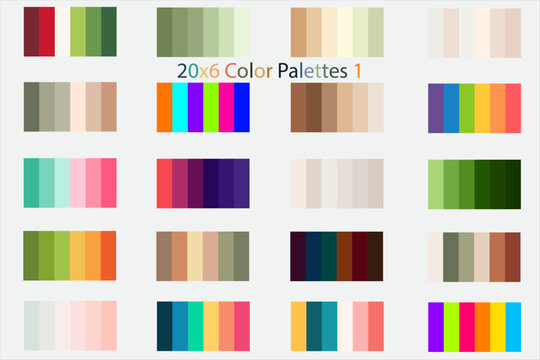 20x6 Color Palettes 1 Packs, Discover 20 Sets of Vibrant Vector Color Palettes - 6 Unique Colors Each for Stylish Designs: Light, Dark, Vintage, Retro Inspirations, New, Trending