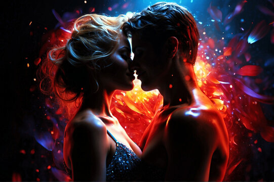 couple before kiss, sparkles and fire around them. Picture about sex, feelings, tantra, valentines day. Generative AI
