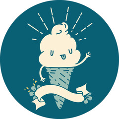 icon of tattoo style ice cream character waving