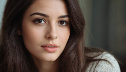 Obraz premium Young Brunette with Clear Skin and Long Straight Hair Staring Intensely