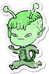 distressed sticker of a cute cartoon alien girl