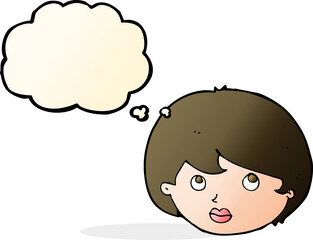 cartoon female face looking upwards with thought bubble