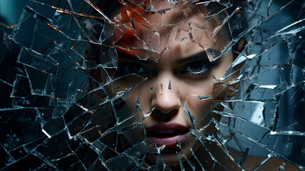 Angry sad woman looking through a broken shattered glass. Concept of angry, depression, broken heart, grief, abuse, heartache, heartbreak, chaos and destruction.