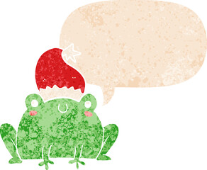 cute cartoon christmas frog and speech bubble in retro textured style