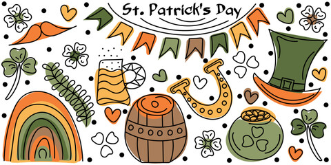 Colorful Doodle set Happy St Patrick's Day with text and black dots. Editable stroke. Vector hand drawn illustration done in black, yellow, green, orange and brown colors. Isolated on white background