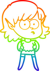 rainbow gradient line drawing cartoon elf girl staring