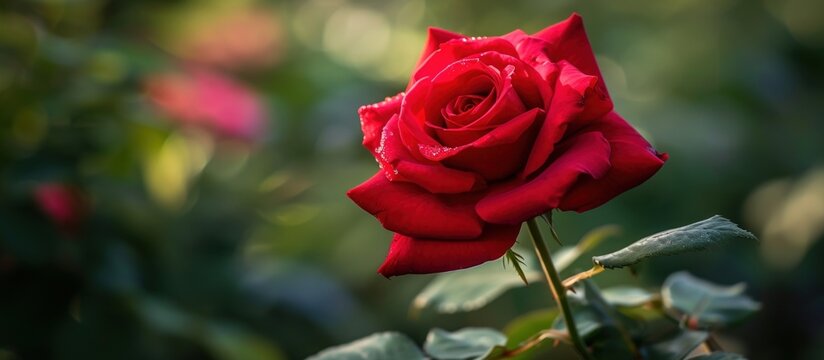 Beautiful a fresh red rose flower in outdoor macro shot. AI generated image