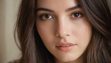 Obraz premium Young Brunette in Soft Light: Headshot with Clear Skin, Deep Brown Eyes, and Long Straight Hair
