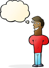 cartoon grinning man with thought bubble