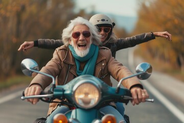 A cheerful elderly couple rides a motorcycle along the highway towards adventure. Happy active old age