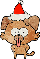 textured cartoon of a dog with tongue sticking out wearing santa hat