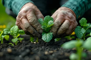 Cercles muraux Vielles portes A close-up of wrinkled hands planting seeds in a community garden, symbolizing the cultivation of growth, both in plants and personal well-being, in later life.  Generative Ai.