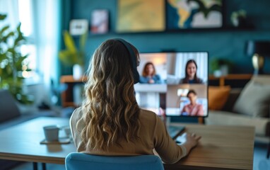 Video conference webinar online call meeting on laptop. The girl is looking at the laptop screen. Blurred living room or office interior.
