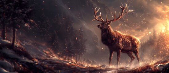 Epic deer animal fantasy in dramatic background. AI generated image - obrazy, fototapety, plakaty