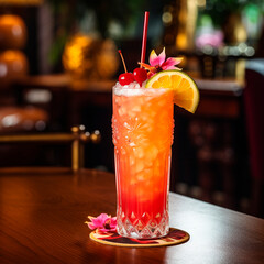 Cocktail with ice in a crystal glass, garnished with a slice of lemon and cocktail cherries, with a cocktail straw, on the table, on the background of the bar counter