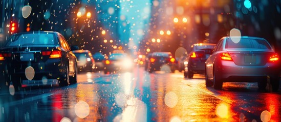 Evening city lights illuminated life with Cars on street. AI generated image - obrazy, fototapety, plakaty