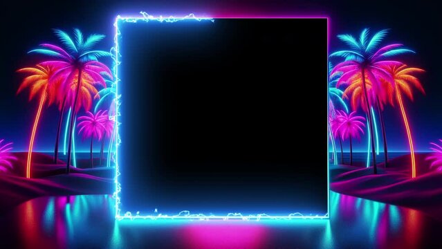 Blue neon frame on a background of bright multi-colored palm trees.