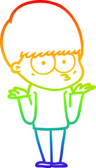 rainbow gradient line drawing confused cartoon boy shrugging shoulders