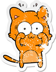 distressed sticker of a cartoon surprised cat