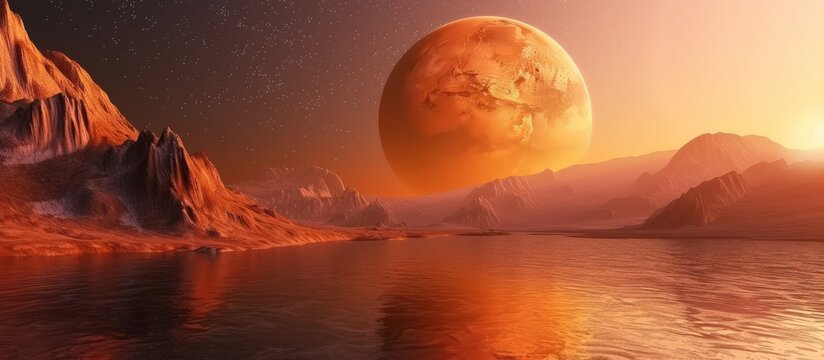 Closeup planet Mars with mountains and water at sunset with starry sky landscape. AI generated image
