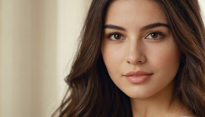 Obraz premium Young Brunette with Long Straight Hair and Pink Lips - Soft Smile Portrait in White Studio