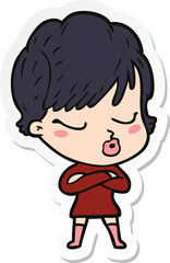 sticker of a cartoon woman with eyes shut