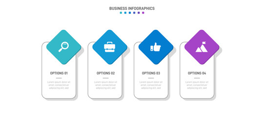 Timeline infographic with infochart. Modern presentation template with 4 spets for business process. Website template on white background for concept modern design. Horizontal layout.