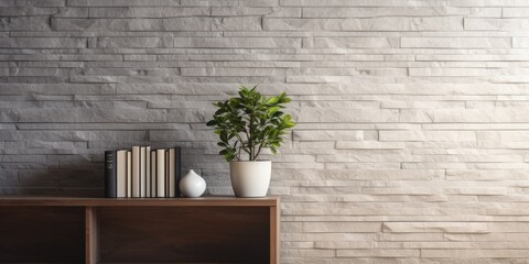 Grey stone wall background with modern home decor, including an old book, grey cabinet with cactus vase, frame, white lamp, and parquet detail. - Powered by Adobe