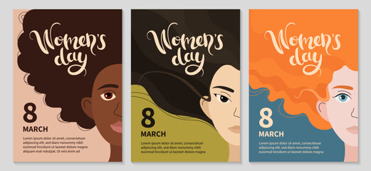 Happy Womens day poster set. Women different races vector flat illustration. 8 March copy space card