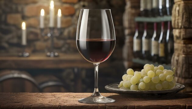 Ta&ccedil;a de vinho em cima de mesa de uma adega antiga