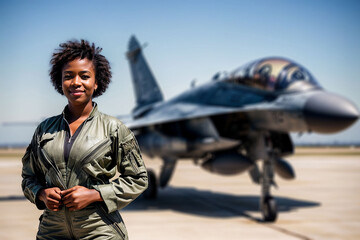 A proud female airforce pilot stands in front of a fighter jet, in her air force attire.