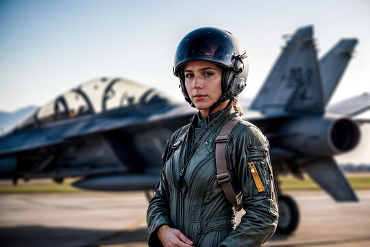 A proud female airforce pilot stands in front of a fighter jet, in her air force attire.