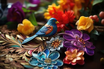Colorful embroidered cloth adorned with flowers and accompanied by a vibrant toy bird