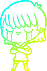 cold gradient line drawing cartoon woman crying