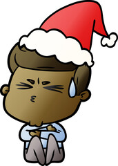 gradient cartoon of a man sweating wearing santa hat