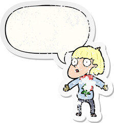 cartoon surprised christmas person and speech bubble distressed sticker