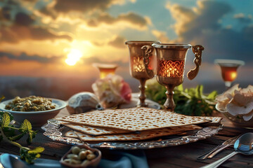 Passover Seder with wine and matzah, Pesah celebration concept - 725887154