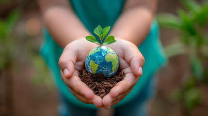 Manos de un niño sosteniendo un pequeño planeta tierra del que nace un árbol como símbolo de la lucha contra el cambio climático  - obrazy, fototapety, plakaty