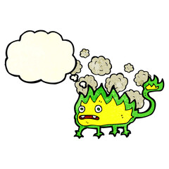 cartoon little fire demon with thought bubble