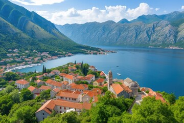 Fototapeta na wymiar Aerial panoramic view of Perast village and Kotor bay in Montenegro 