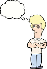 cartoon man with folded arms with thought bubble