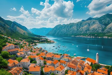 Naklejka na ściany i meble Aerial panoramic view of Perast village and Kotor bay in Montenegro 