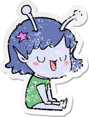 distressed sticker of a happy alien girl cartoon laughing