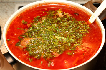 Borscht Sour Soup. Pan With Red Soup. Classic Homemade Borscht. Healthy And Nutritious Soup