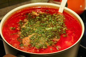 Borscht Sour Soup. Pan With Red Soup. Classic Homemade Borscht. Healthy And Nutritious Soup