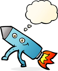 cartoon happy rocket with thought bubble