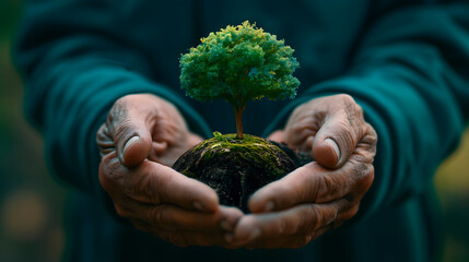 Manos de un anciano sosteniendo un pequeño planeta tierra del que nace un árbol como símbolo de la lucha contra el cambio climático  - obrazy, fototapety, plakaty